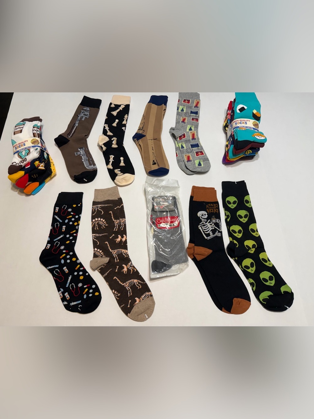 20 Pairs Men’s Novelty Crew Socks NEW! Assorted Fun Graphic Designs Mixed Lot